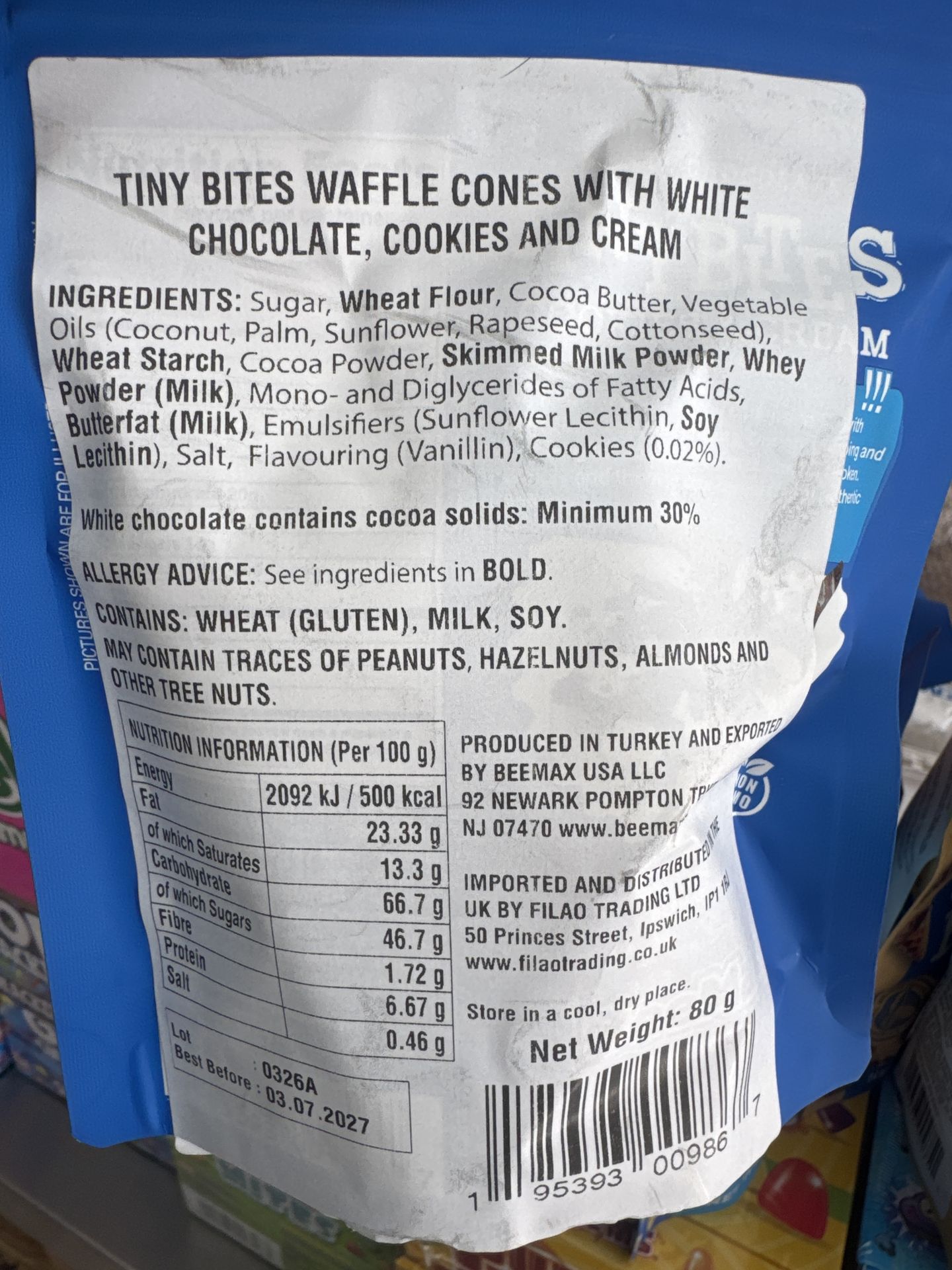 Tiny Bites Waffle Cones Cookies and Cream 80g